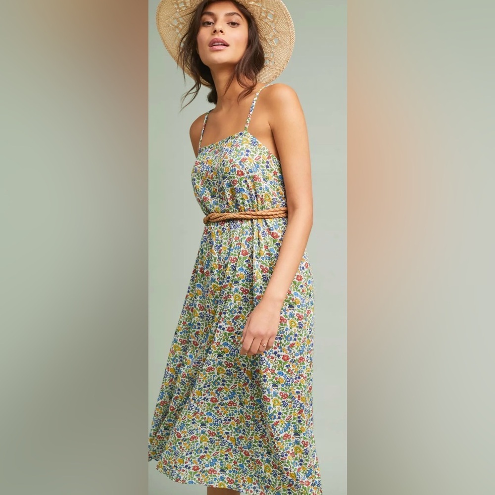 Anthropologie Multicolor Floral Midi Dress|Adjustable Straps|Flowy|Size L - Picture 2 of 8